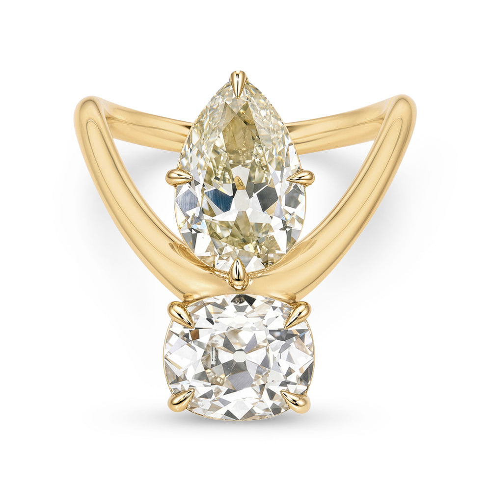 Melt Toi et Moi by Sofia Kaman gold asymmetrical engagement ring, 2 stone engagement ring with pear-shaped diamonds