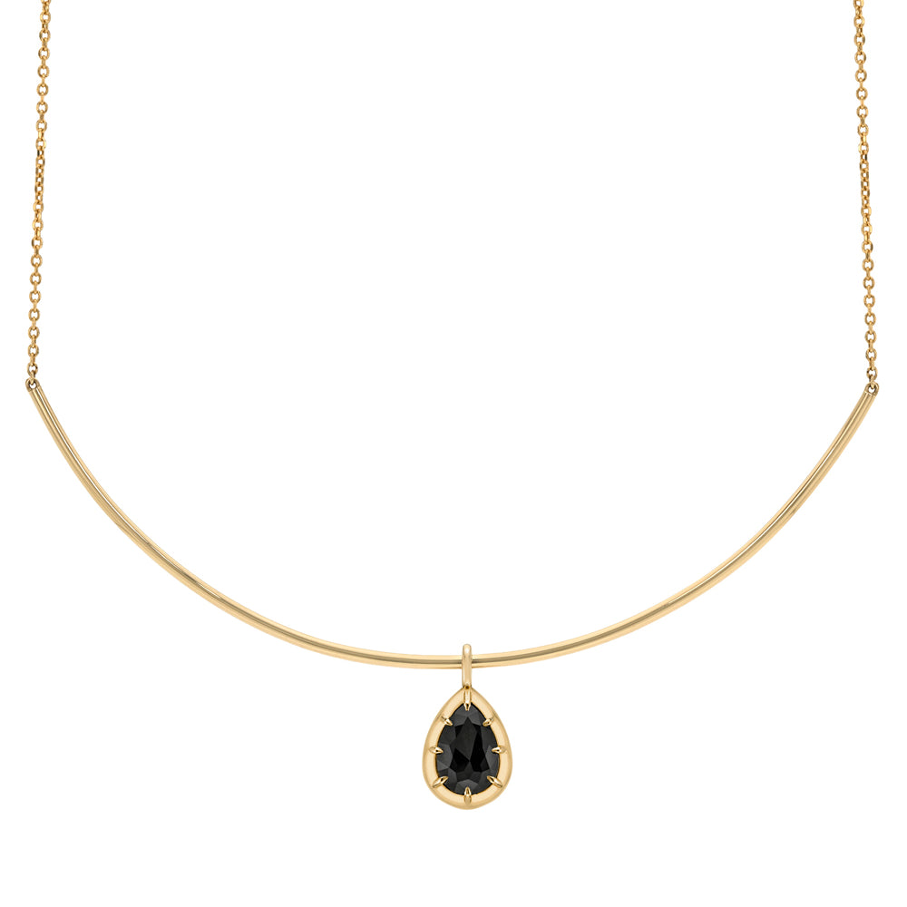 Pear Shape Black Diamond Pendant On 14k Gold Collar Necklace Collet Button Back Style With Prong Detail Sk P131 Nd Bd Ns Rc Ps 3.68 B