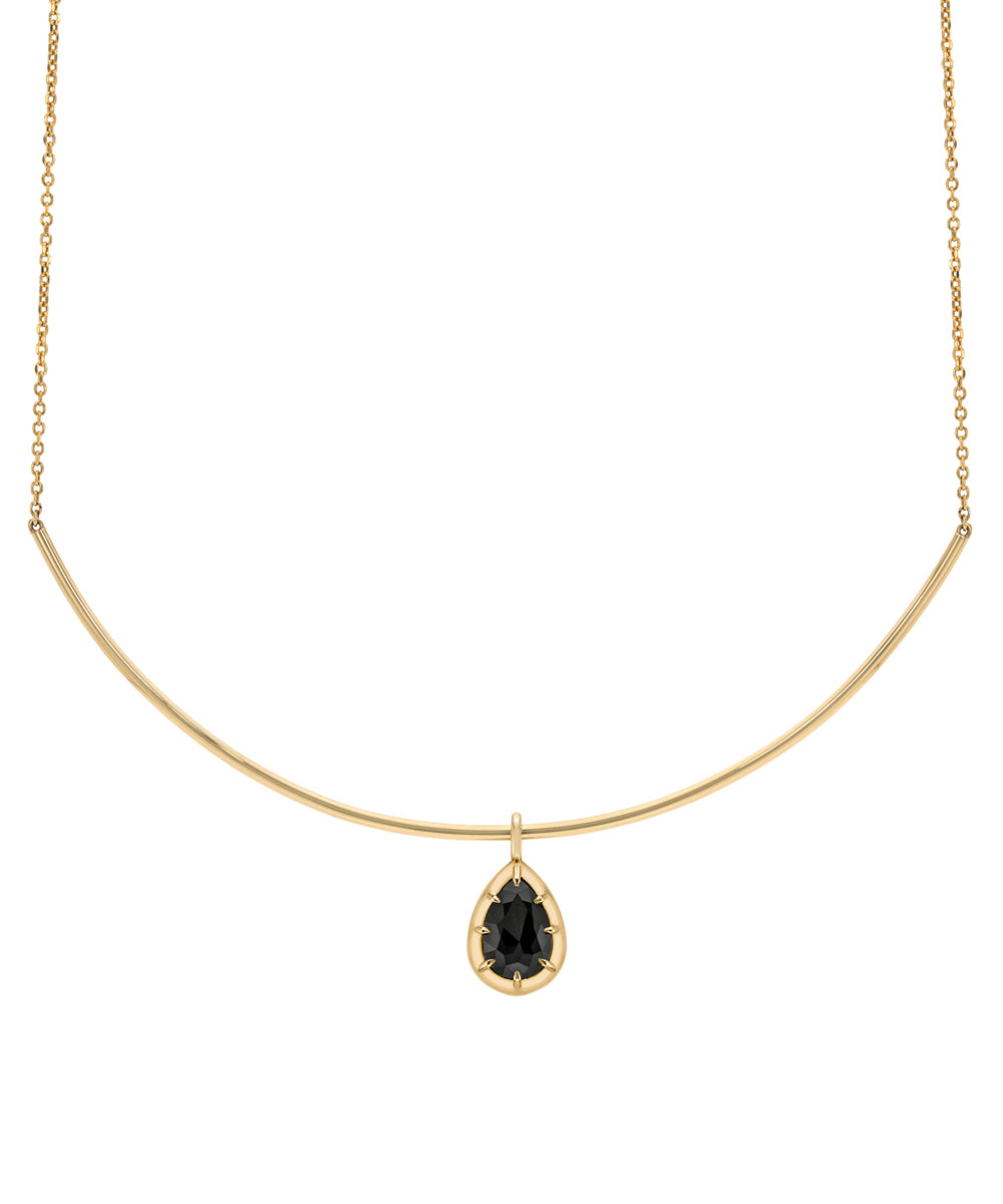 Pear Shape Black Diamond Pendant On 14k Gold Collar Necklace Collet Button Back Style With Prong Detail Sk P131 Nd Bd Ns Rc Ps 3.68 B