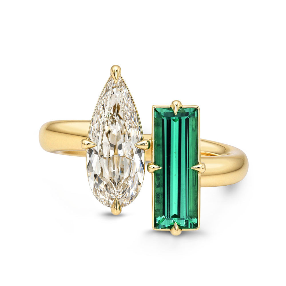 Eirene Toi et Moi by Sofia Kaman 2 stone engagement ring in gold with clear pear-cut and green emerald-cut stones