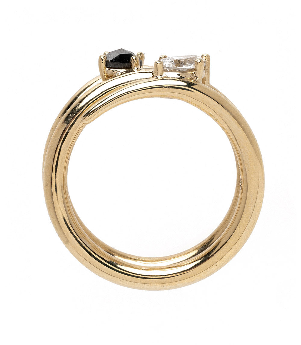 Triple Coiled Band by A-R42 gold 2 stone engagement ring, understated, with black and clear stones