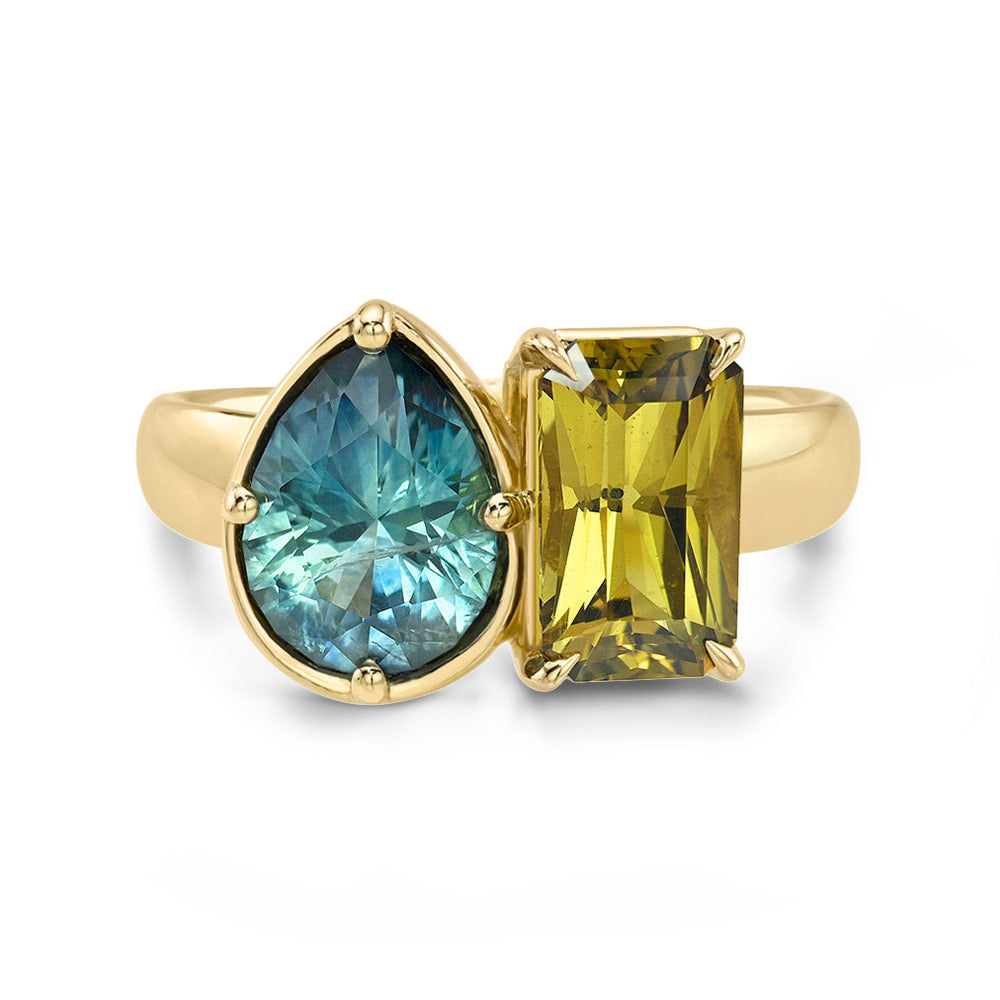 Chloe-Ann Toi et Moi by Sofia Kaman 2 stone engagement ring with gold settings and blue plus yellow gemstones