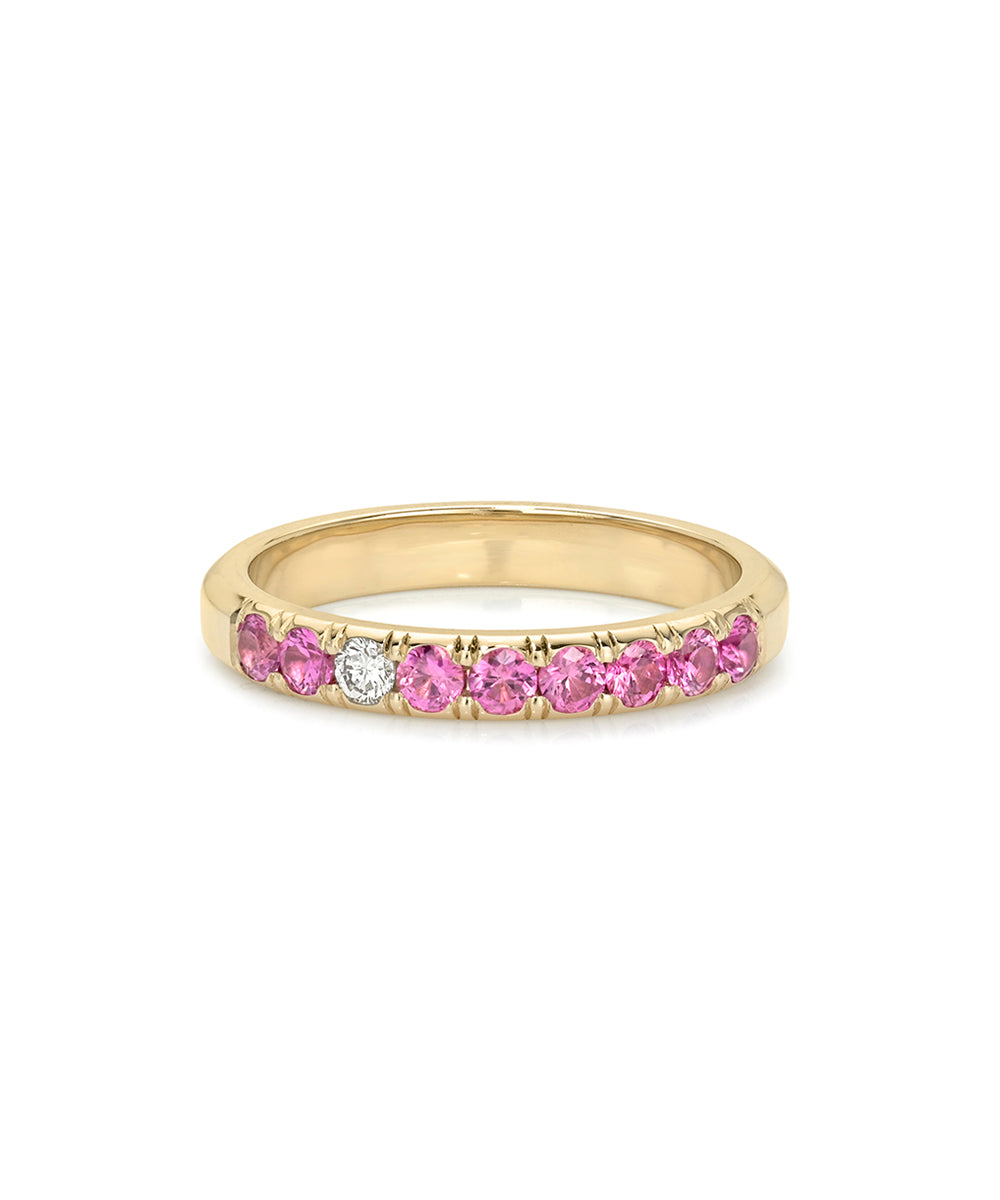 Pink Sapphire And Diamond Stacking Band On Gold Band Pinky Ring Lf R1 Ps Front