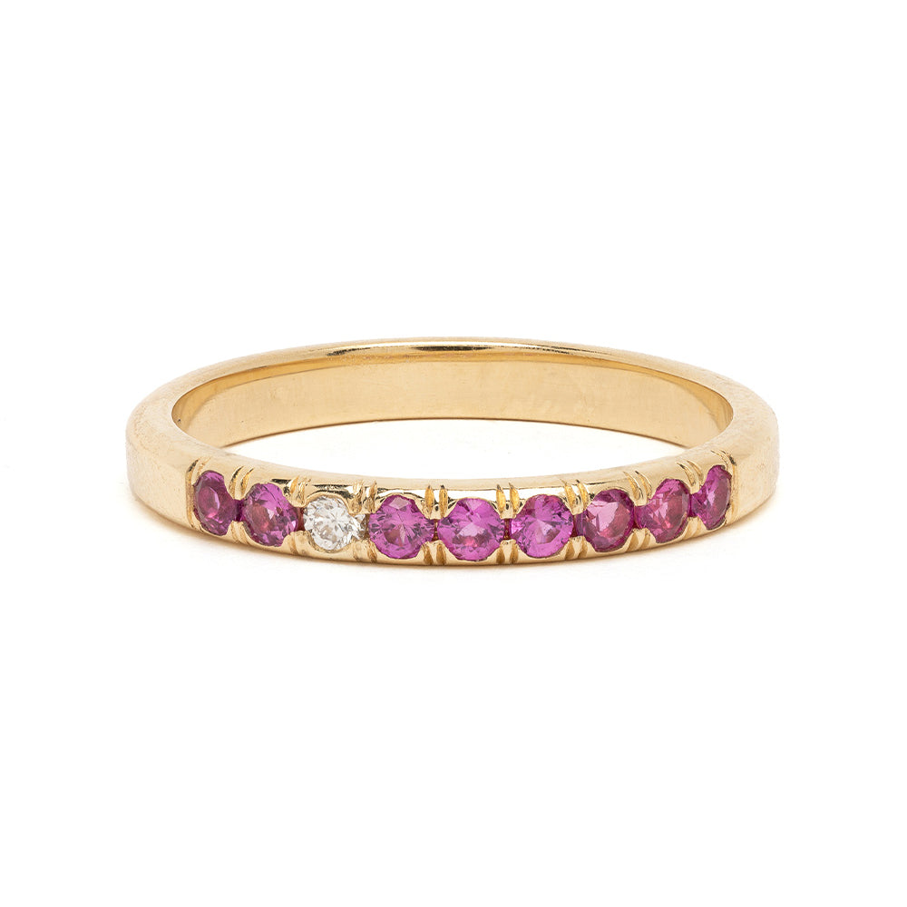 Vintage Inspired Stacking Band LF-R1-FS shiny 14K yellow gold band with purple gemstones and clear accents