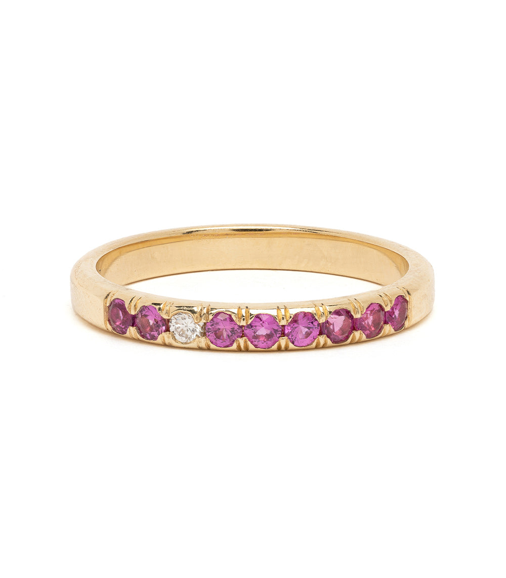 Vintage Inspired Stacking Band LF-R1-FS shiny 14K yellow gold band with purple gemstones and clear accents