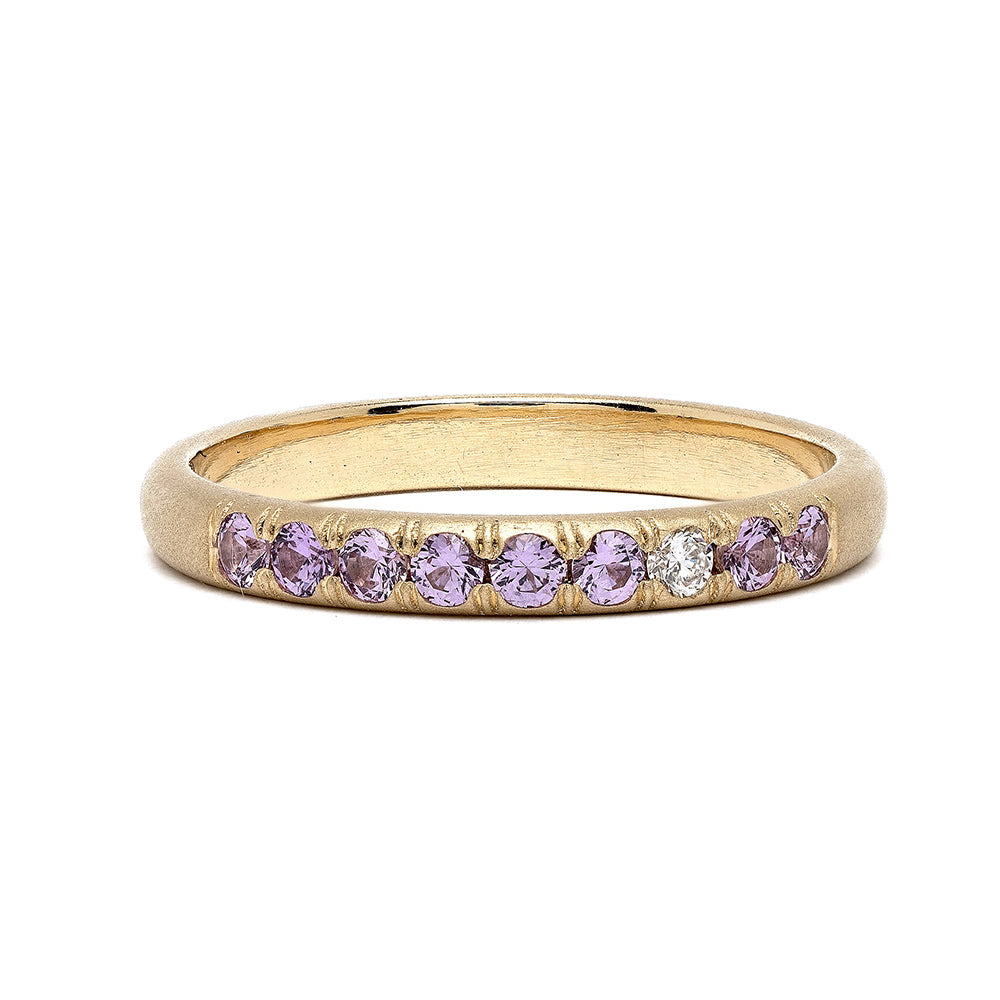 Vintage Inspired Stacking Band LF-R1-LS stacking band in shiny 14K yellow gold with purple and clear stones