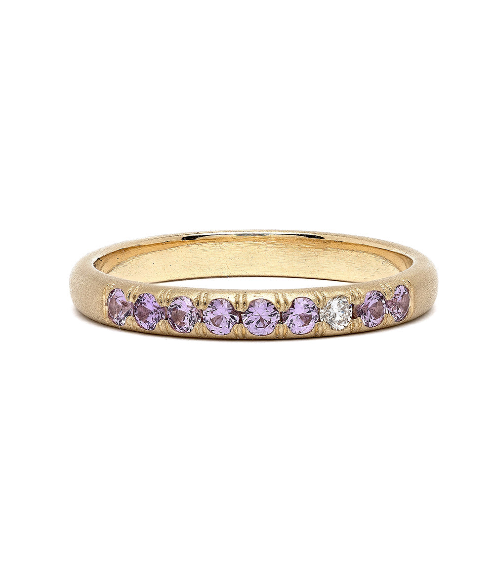 Vintage Inspired Stacking Band LF-R1-LS stacking band in shiny 14K yellow gold with purple and clear stones