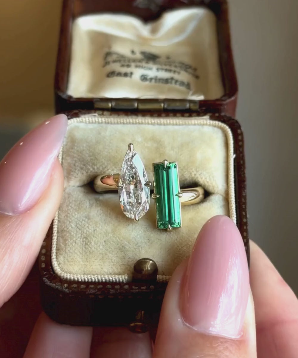 Elongated Pear Shape Diamond and Baguette Cut Emerald Open Band Unique Engagement Rings