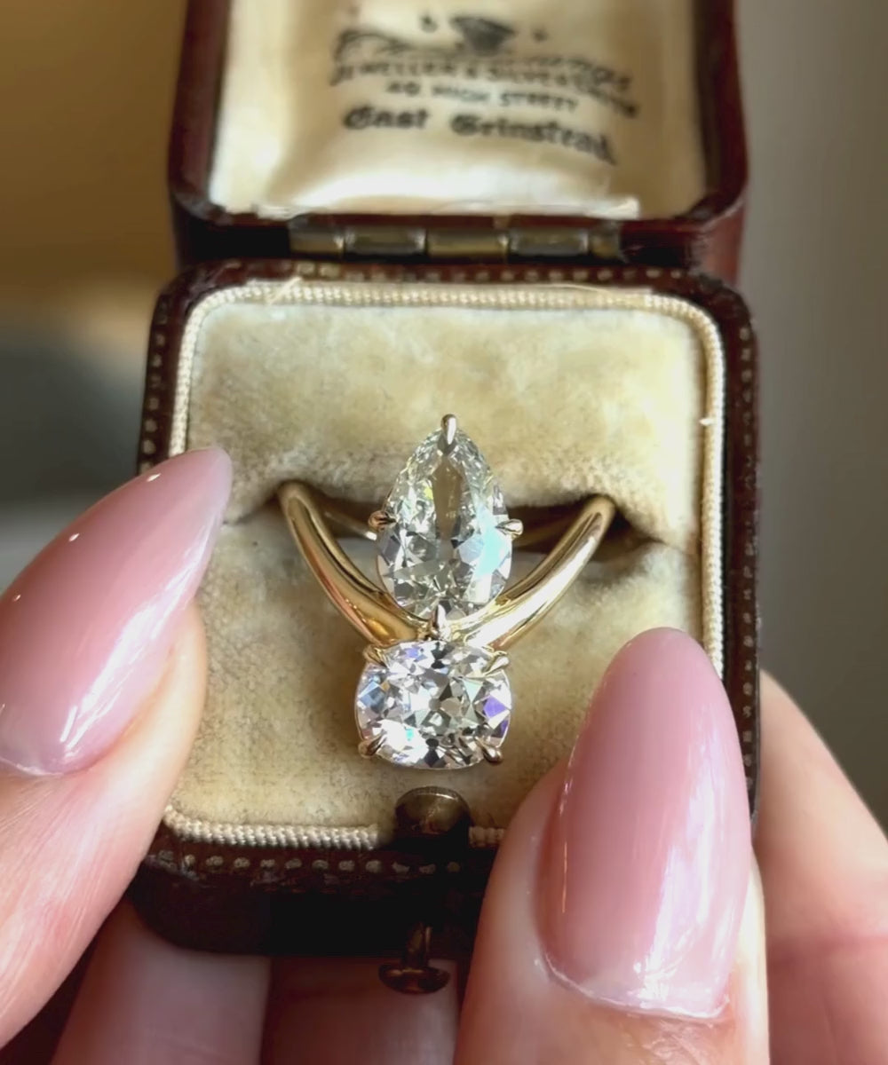 Two Stone Pear Shape and Cushion Cut Diamond Unique Engagement RIngs