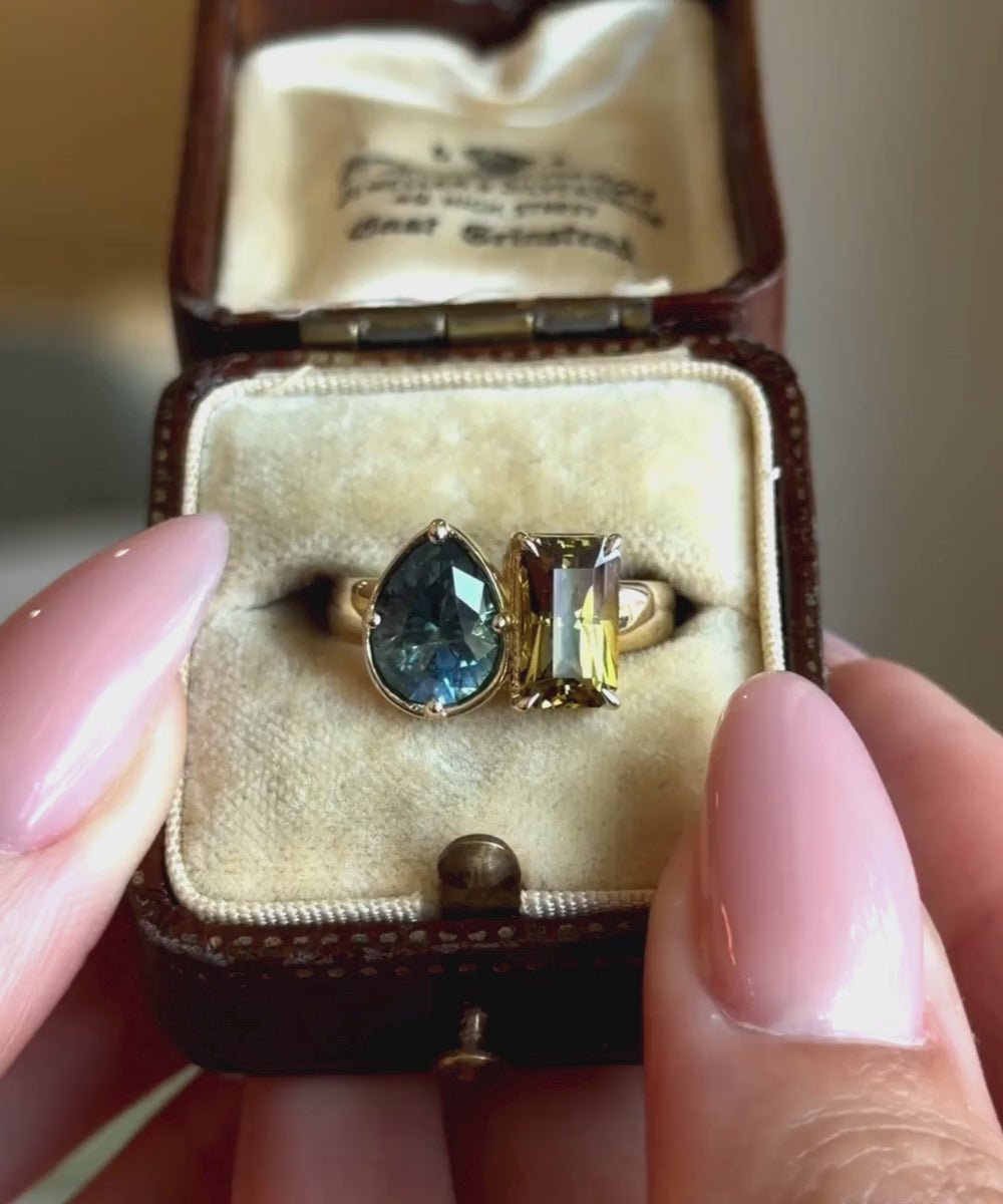 Two Stone Pear Shape Sapphire and Baguette Cut Sapphire Unique Engagements Rings