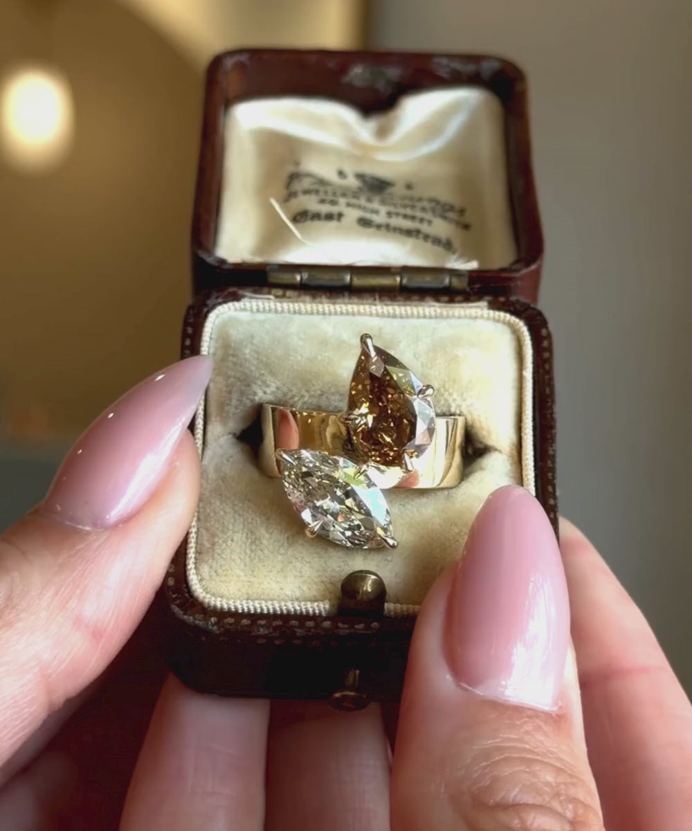 Champagne and White Double Diamond Unique Engagement Rings