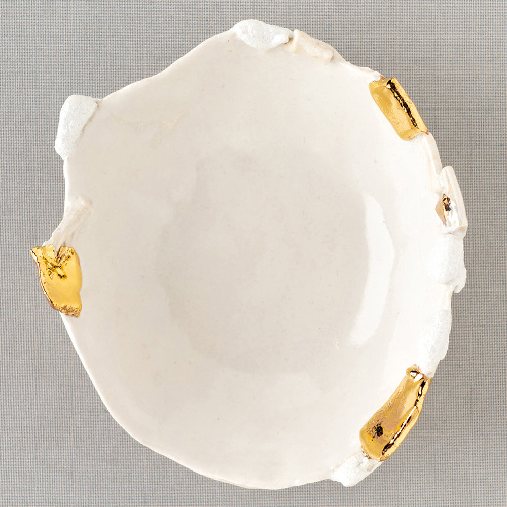 Halo Ring Dish by G-009, white ceramic ring dish with gold edge accents and rough stone-like finish