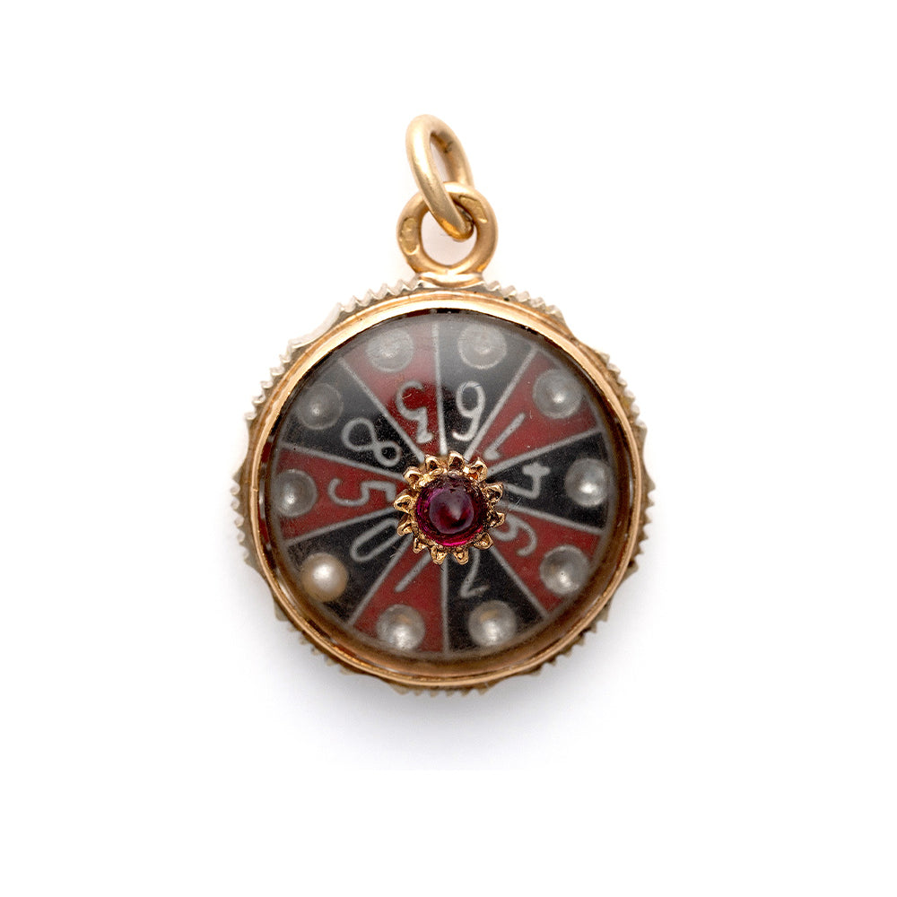 Game of Chance Charm by VC-P23 gold tone roulette-style charm with red and black wheel design and inset jewel