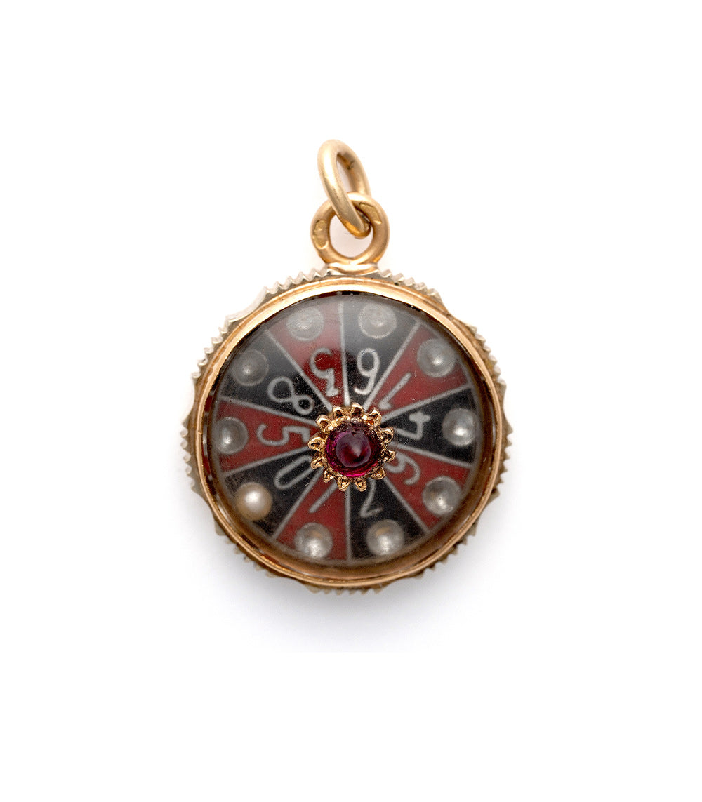 Game of Chance Charm by VC-P23 gold tone roulette-style charm with red and black wheel design and inset jewel