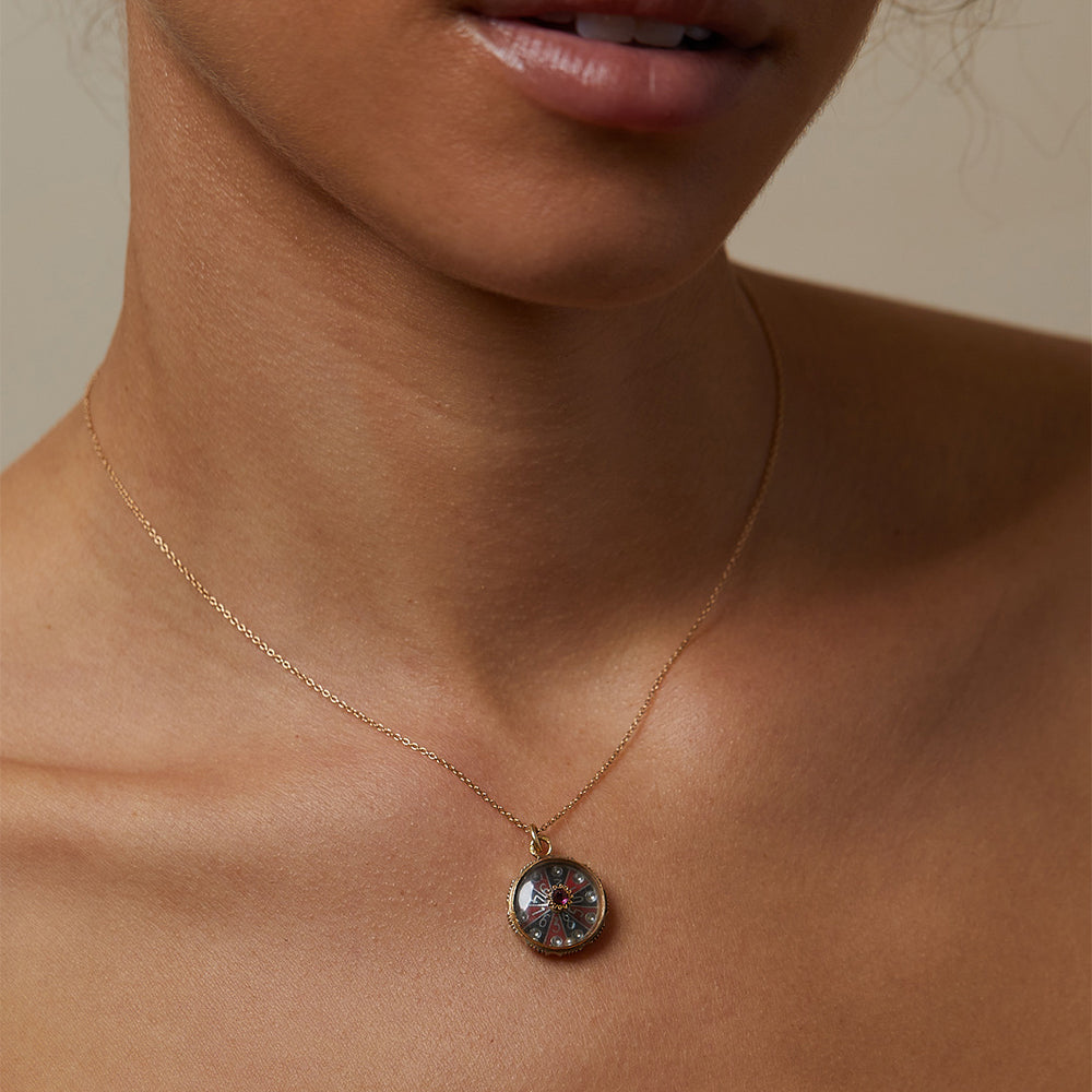 Game of Chance Charm by VC-P23 gold necklace charm with circular multicolor game design on fine chain