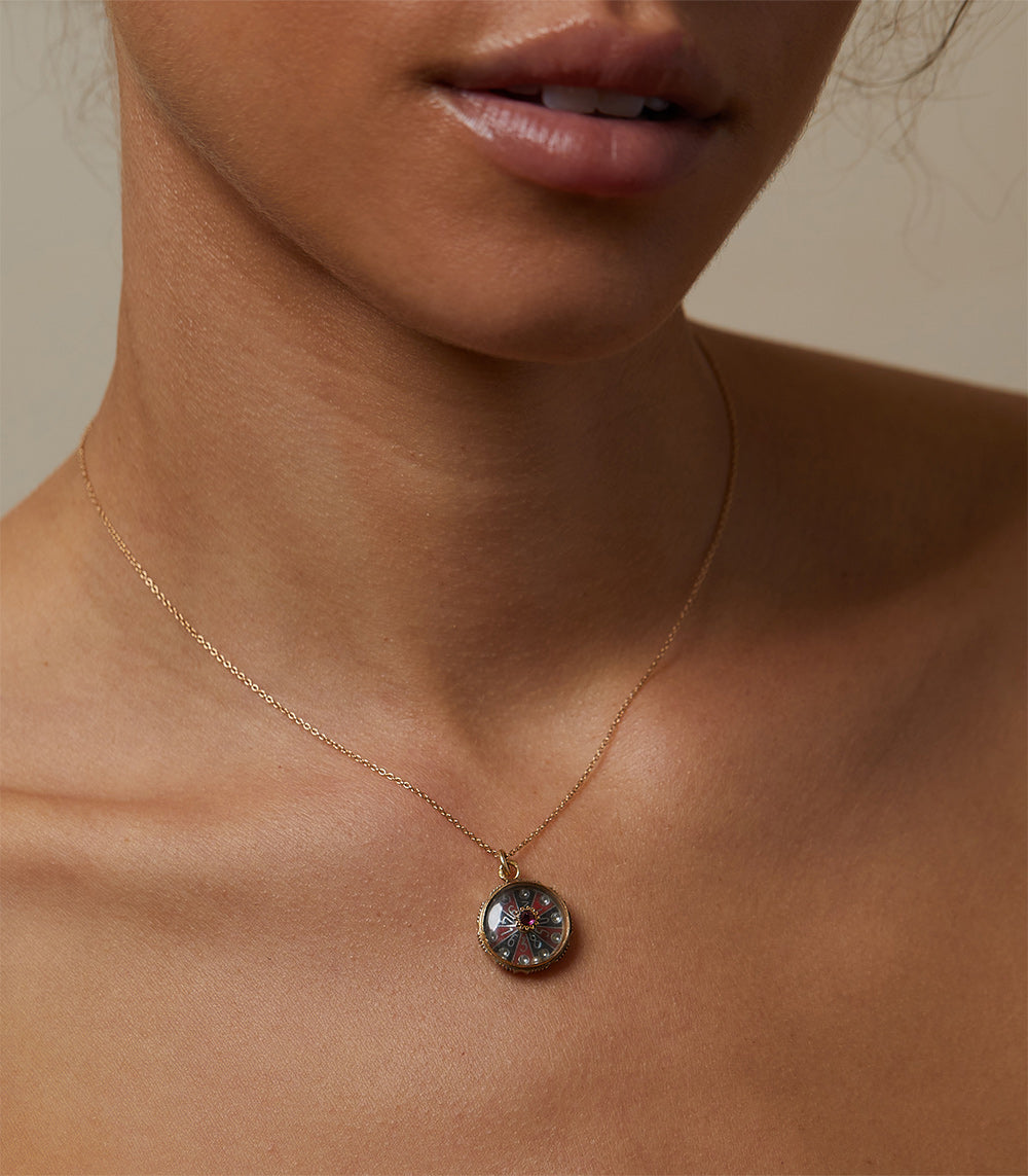 Game of Chance Charm by VC-P23 gold necklace charm with circular multicolor game design on fine chain