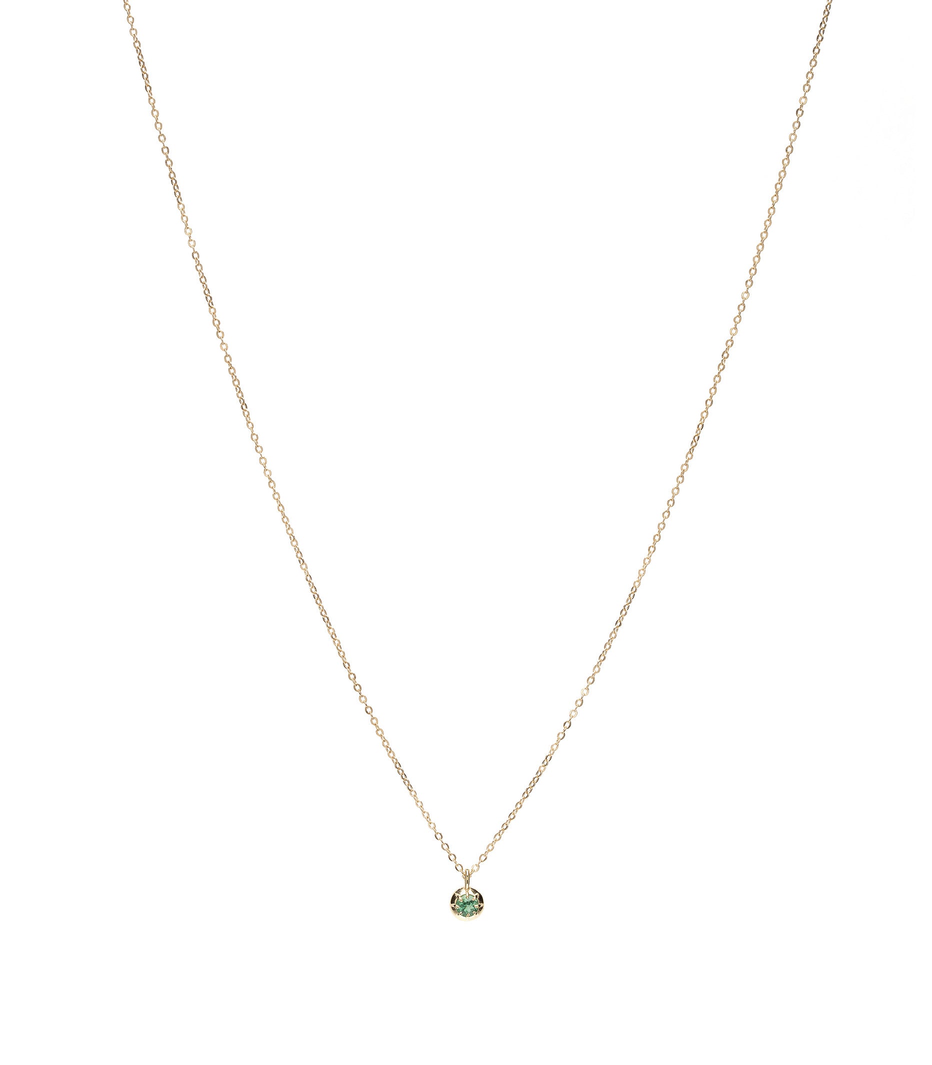 ID NECKLACE NO.2 by ID-N2 gold necklace with fine chain and small green gemstone pendant at center