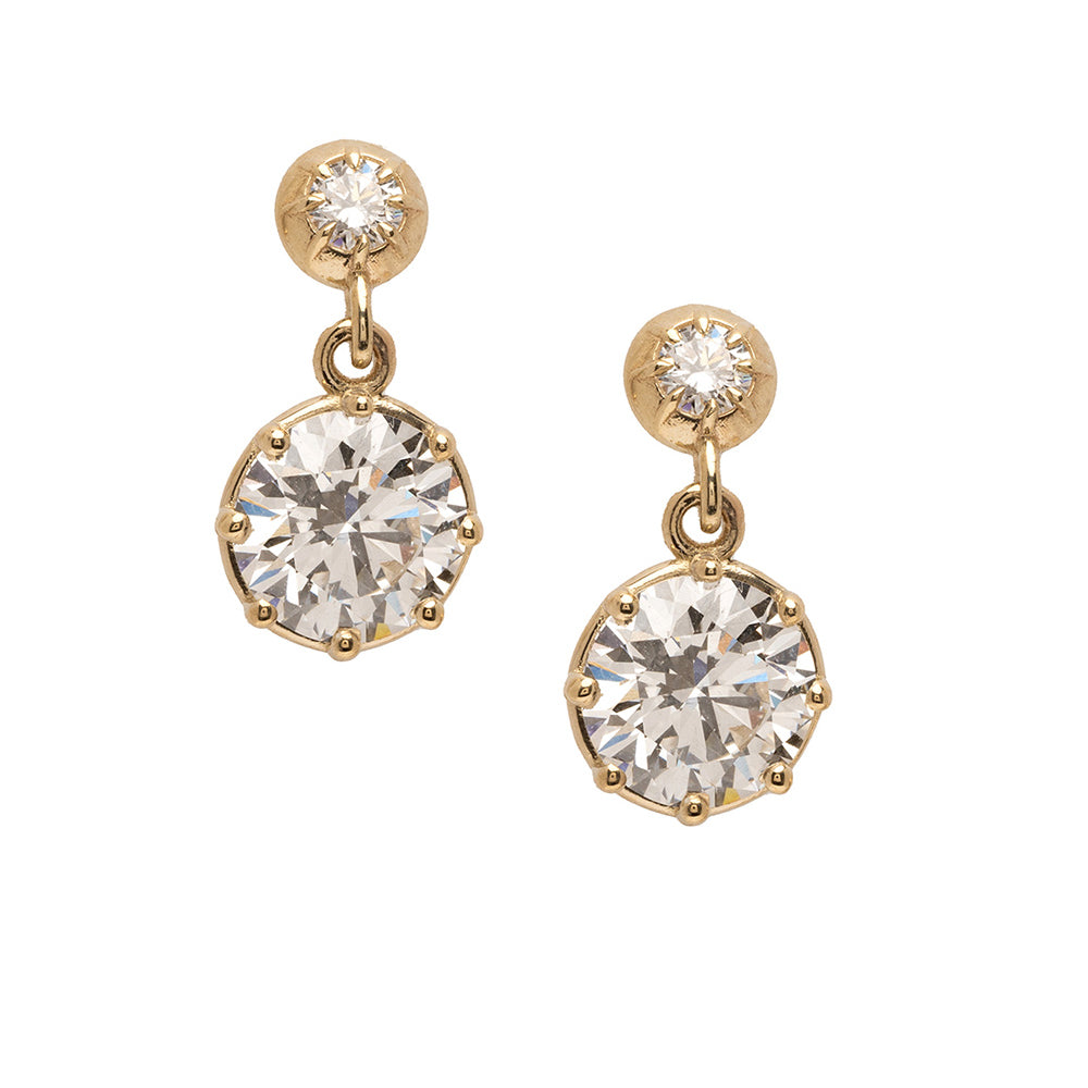 Gigi Earrings by SK-E117-LGD-RB-1.50 in gold with round stud and pear-shaped diamond drops