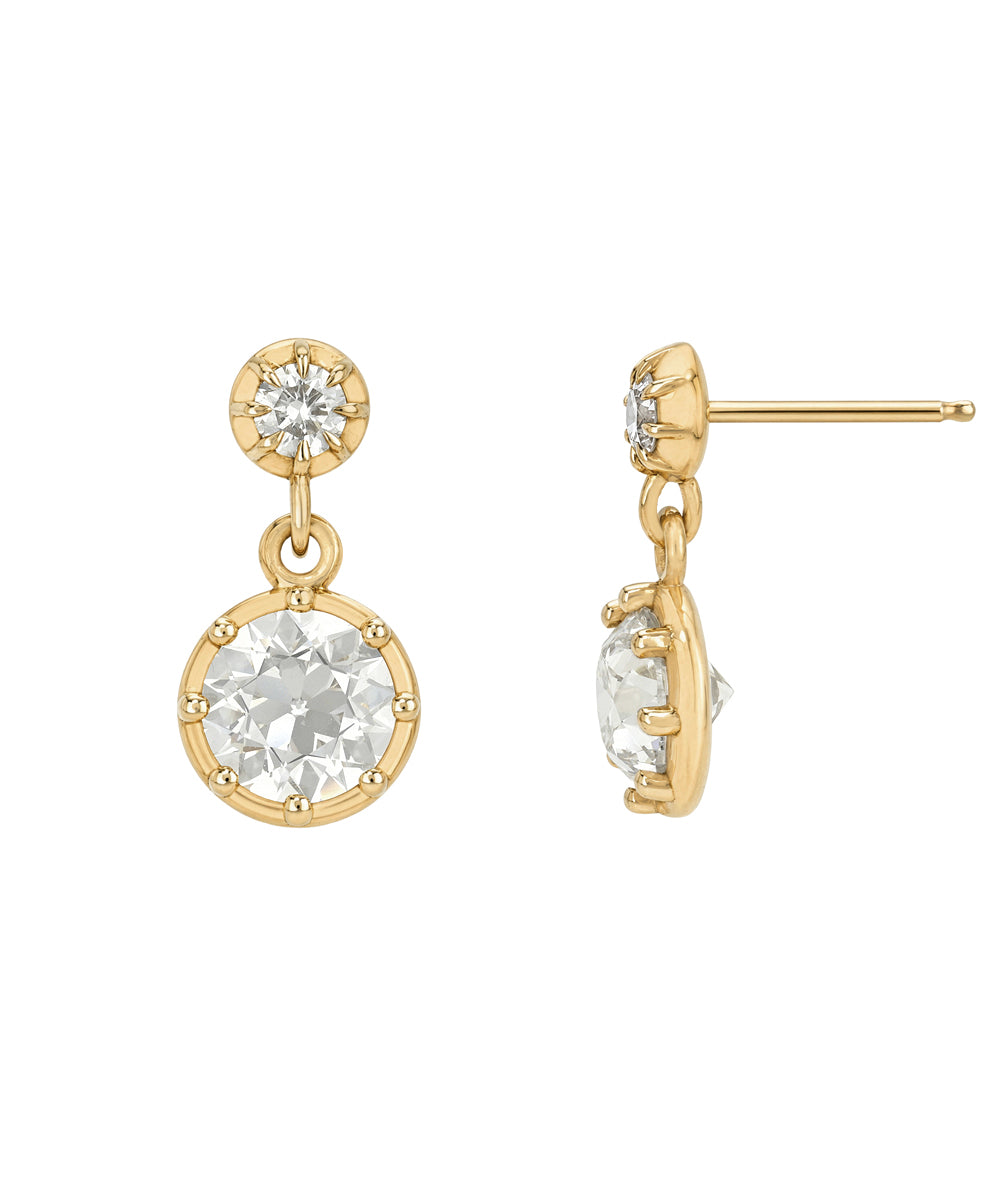 Round Old European Cut Diamond Drop Stud Earrings With Diamond Dangle Vintage Style Sk E117 Sm Lgd Oec