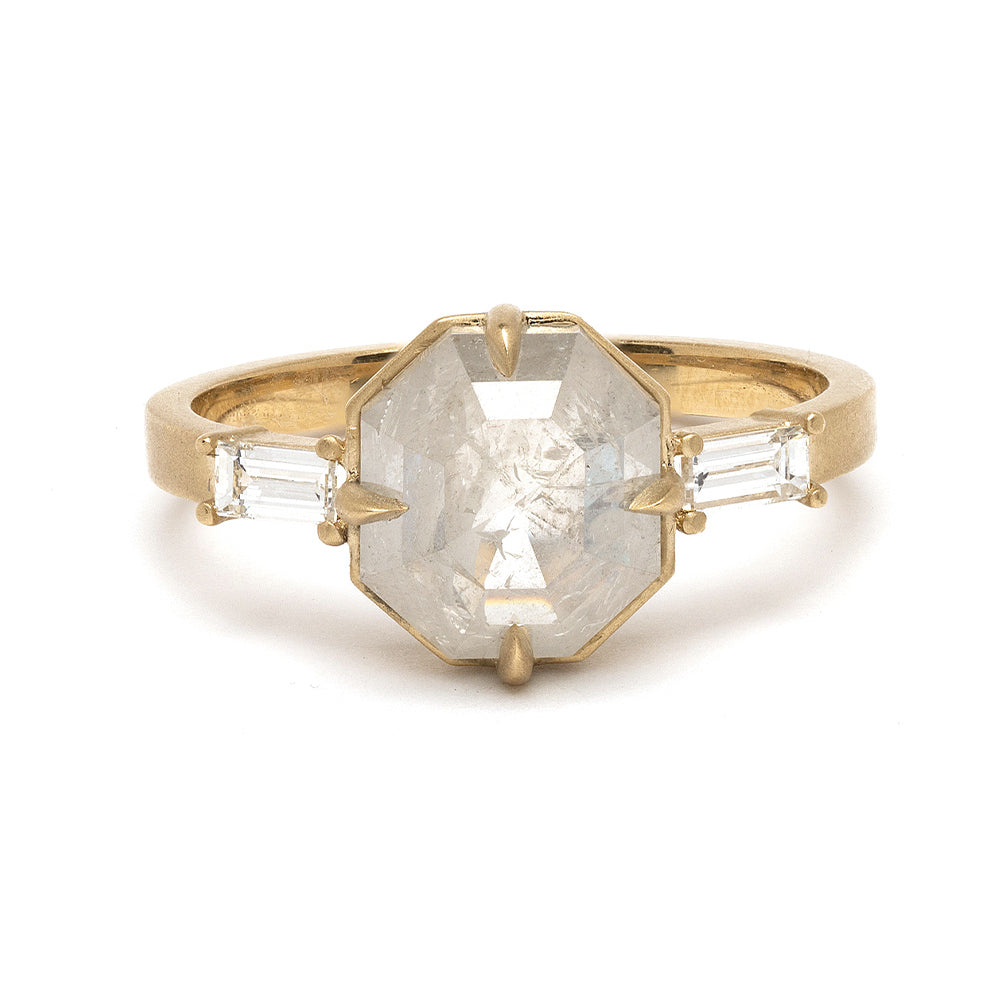 Stardust by SK-R58-OC-SP 3 stone engagement ring in gold with clear emerald-cut center stone