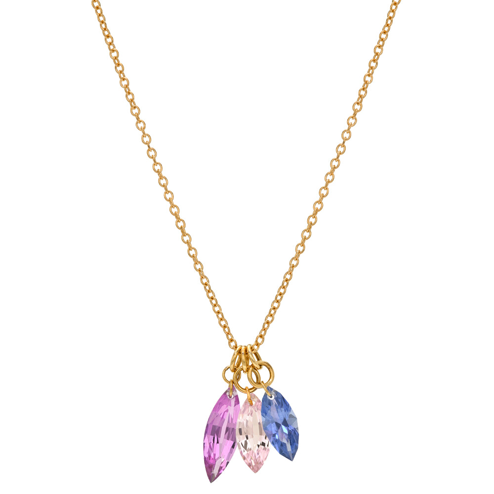 A gold chain necklace with a triple-drop pendant featuring marquise-cut sapphires in lavender purple, pale pink, and periwinkle blue, shown against a plain white background.