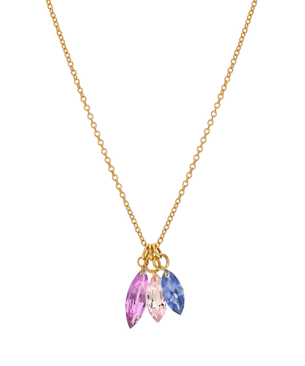 A gold chain necklace with a triple-drop pendant featuring marquise-cut sapphires in lavender purple, pale pink, and periwinkle blue, shown against a plain white background.