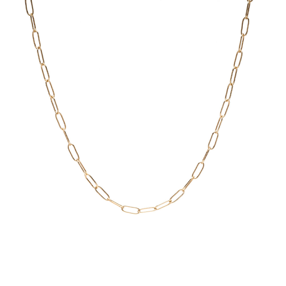 The Trendy CN-C7 gold link necklace with oval chain links and a small clasp, minimal on white background
