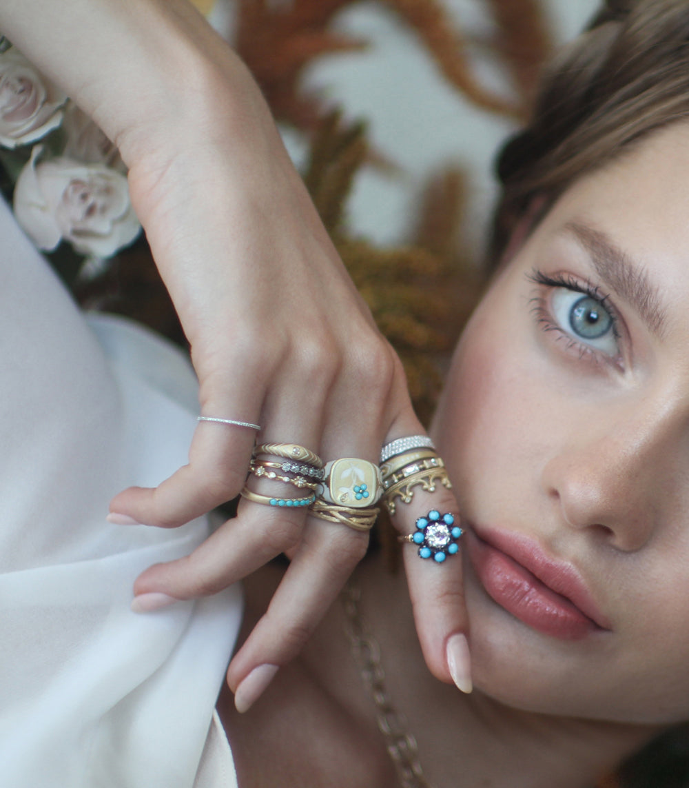 Vintage Inspired Stacking Band LF-R1-TD stacking band in shiny yellow gold with turquoise stones