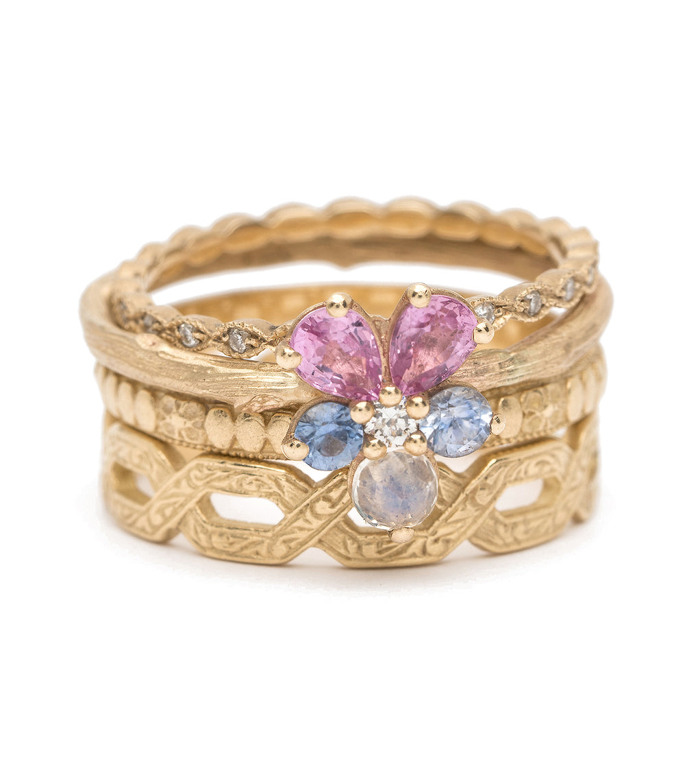 Orange Blossom LF-R3 14K yellow gold band ring with pink heart and blue gemstones in a whimsical setting