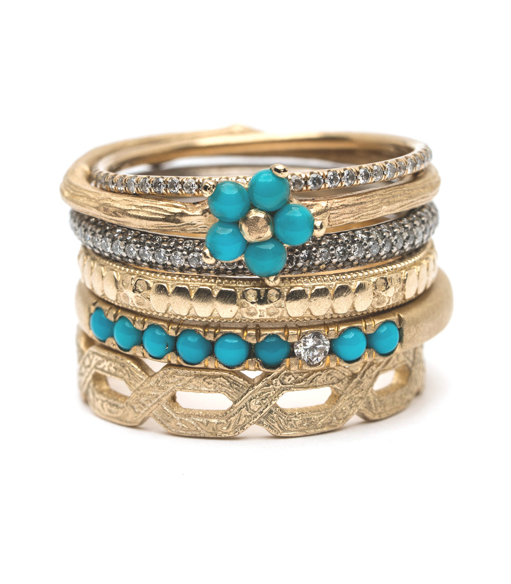 Vintage Inspired Stacking Band LF-R1-TD 14K yellow gold stacking bands with turquoise flower cluster and diamond accents
