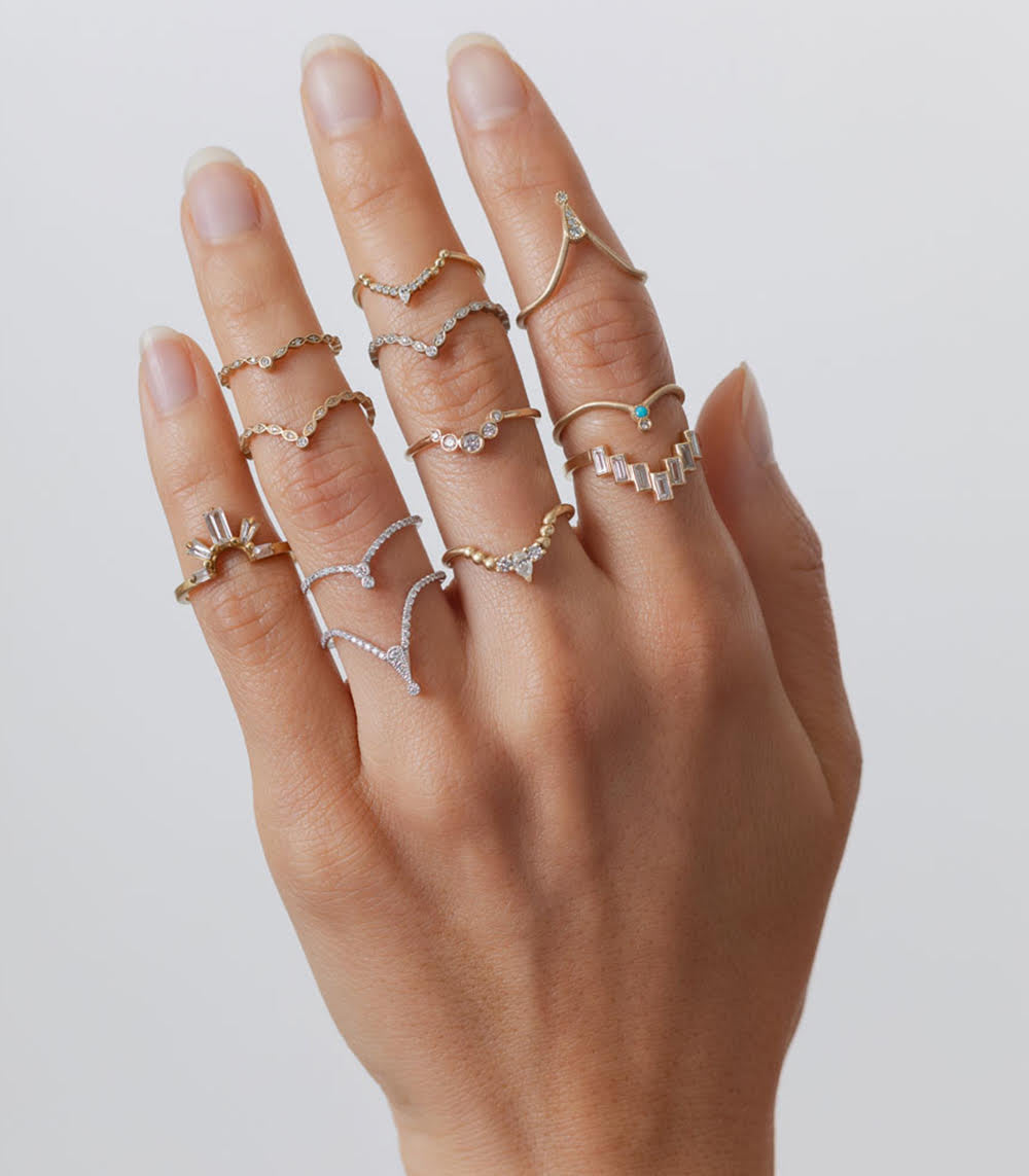 Tiara Nesting Band by AL-R13 shiny gold nesting ring band with delicate stones on hand