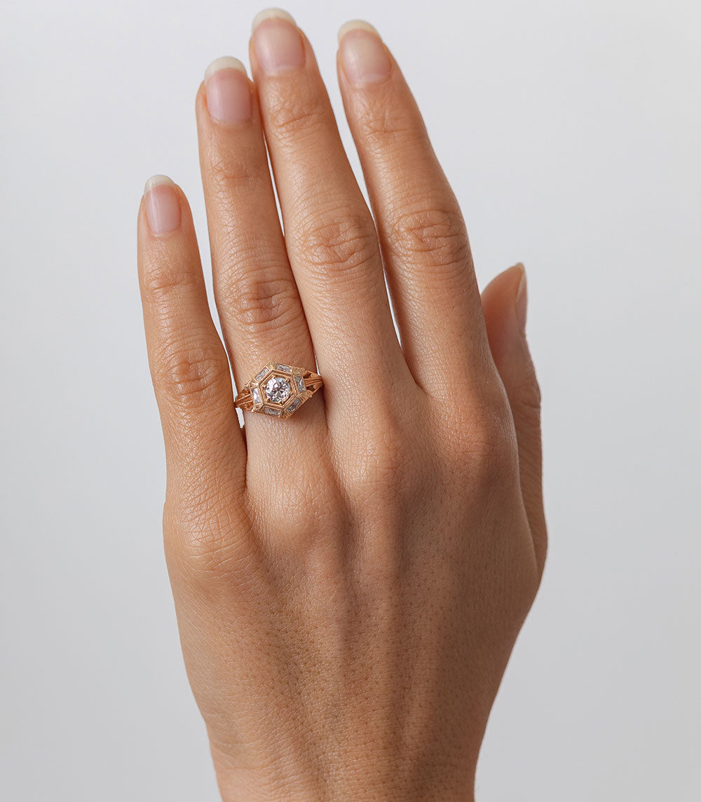 Zelda SK-R54 unique engagement ring gold with square halo center diamond on hand