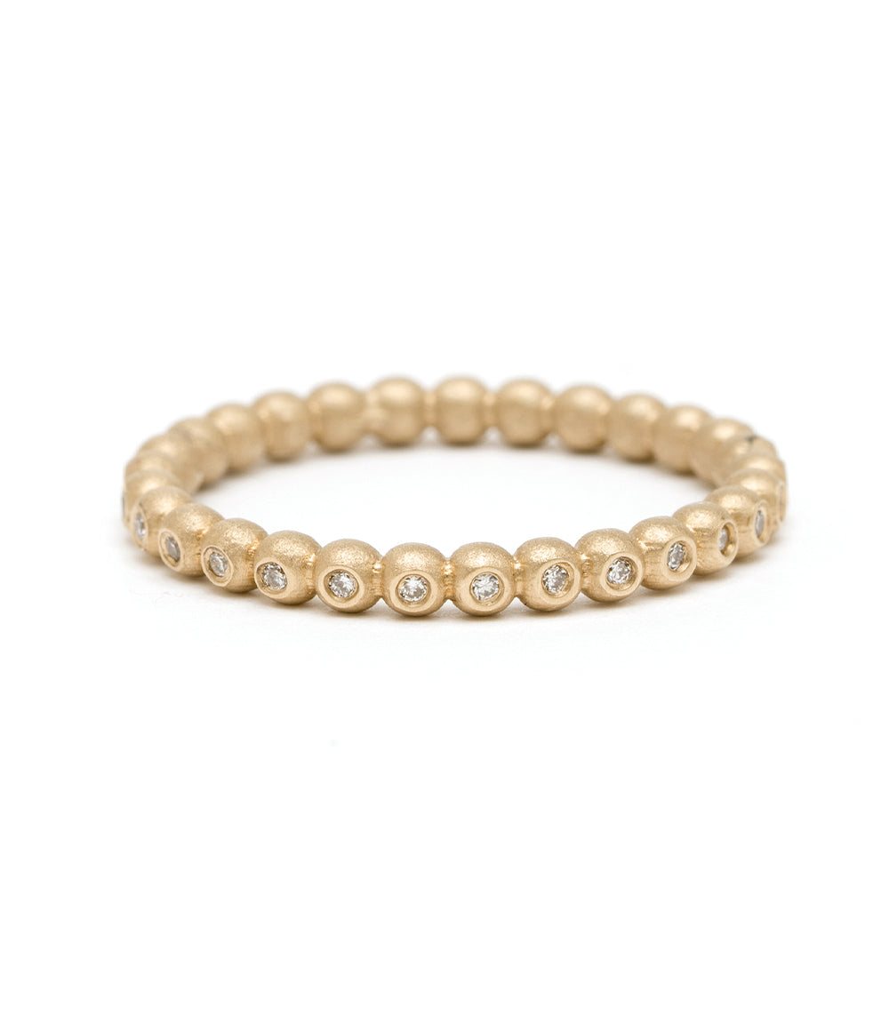 Bubble Band R-R14 14K yellow gold beaded band with small round diamond accents, shiny finish on white background