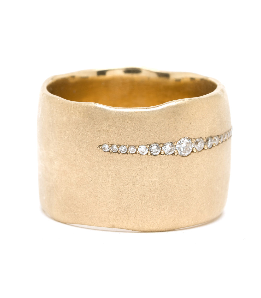Torn Paper Band With Horizontal Diamond Stripe by P-R6-HS, matte yellow gold diamond band with shiny stripe