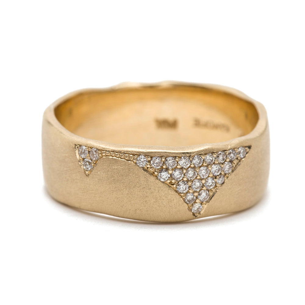 Cracked Band- 7mm P-R3-Cracked 14K yellow gold ring band with matte finish and pavé diamond triangle detail