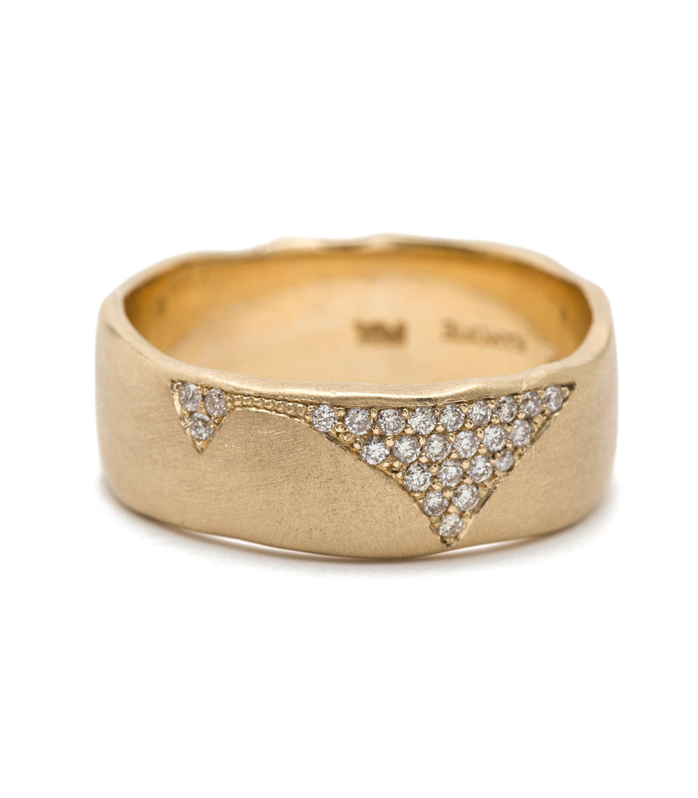 Cracked Band- 7mm P-R3-Cracked 14K yellow gold ring band with matte finish and pavé diamond triangle detail