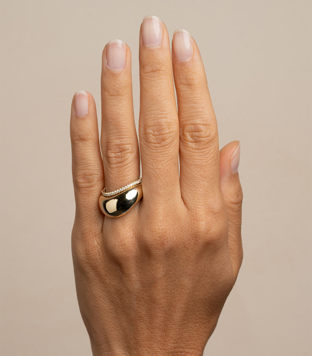 Mega Melt EGB-R17 ring in 14K yellow gold, shiny polished dome top and pave band with small stones