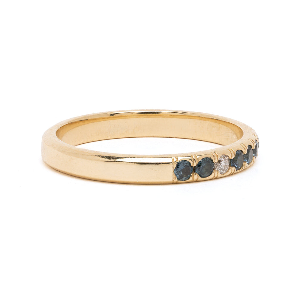Vintage Inspired Stacking Band LF-R1-TS 14K yellow gold ring band with three blue and clear stones, vintage style