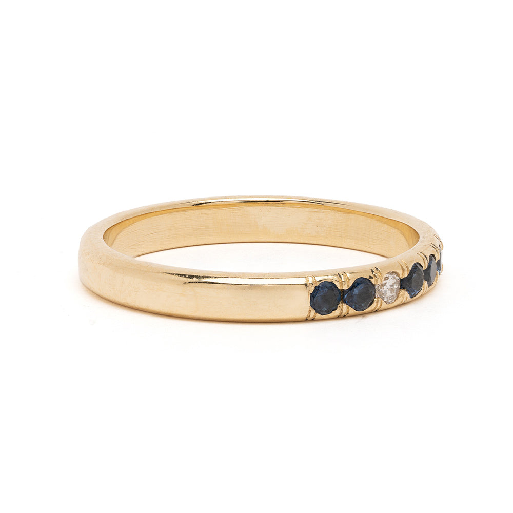 Vintage Inspired Stacking Band LF-R1-BS bands in 14K yellow gold with shiny finish and blue plus clear stones
