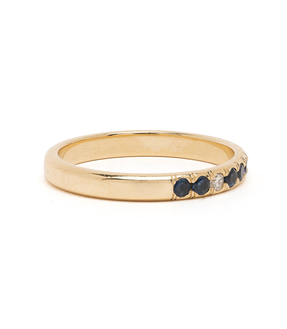 Vintage Inspired Stacking Band LF-R1-BS bands in 14K yellow gold with shiny finish and blue plus clear stones