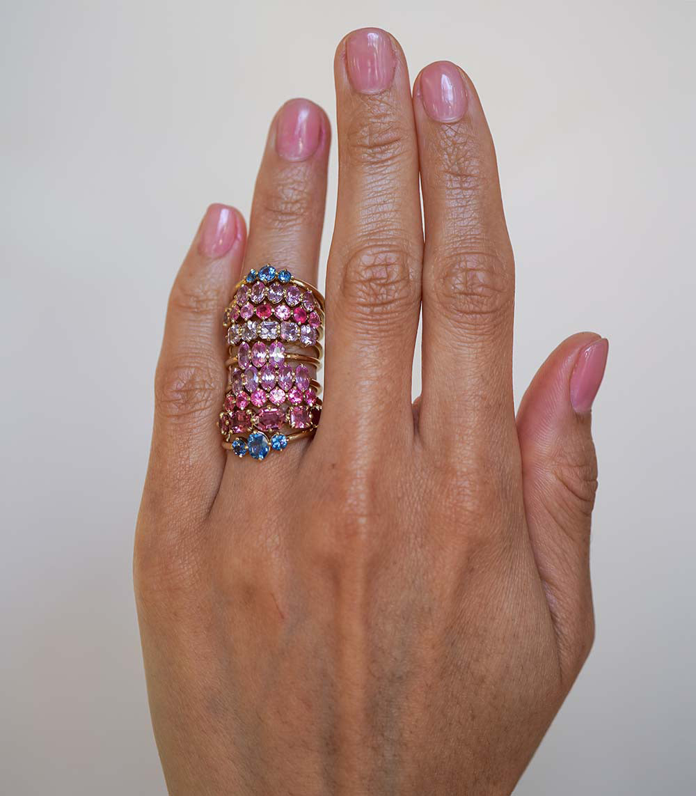 Claudette Gemstone Stacking Band SK-R68B-3-RB-CS-0.60 gemstone stacking band with pink and blue stones on hand
