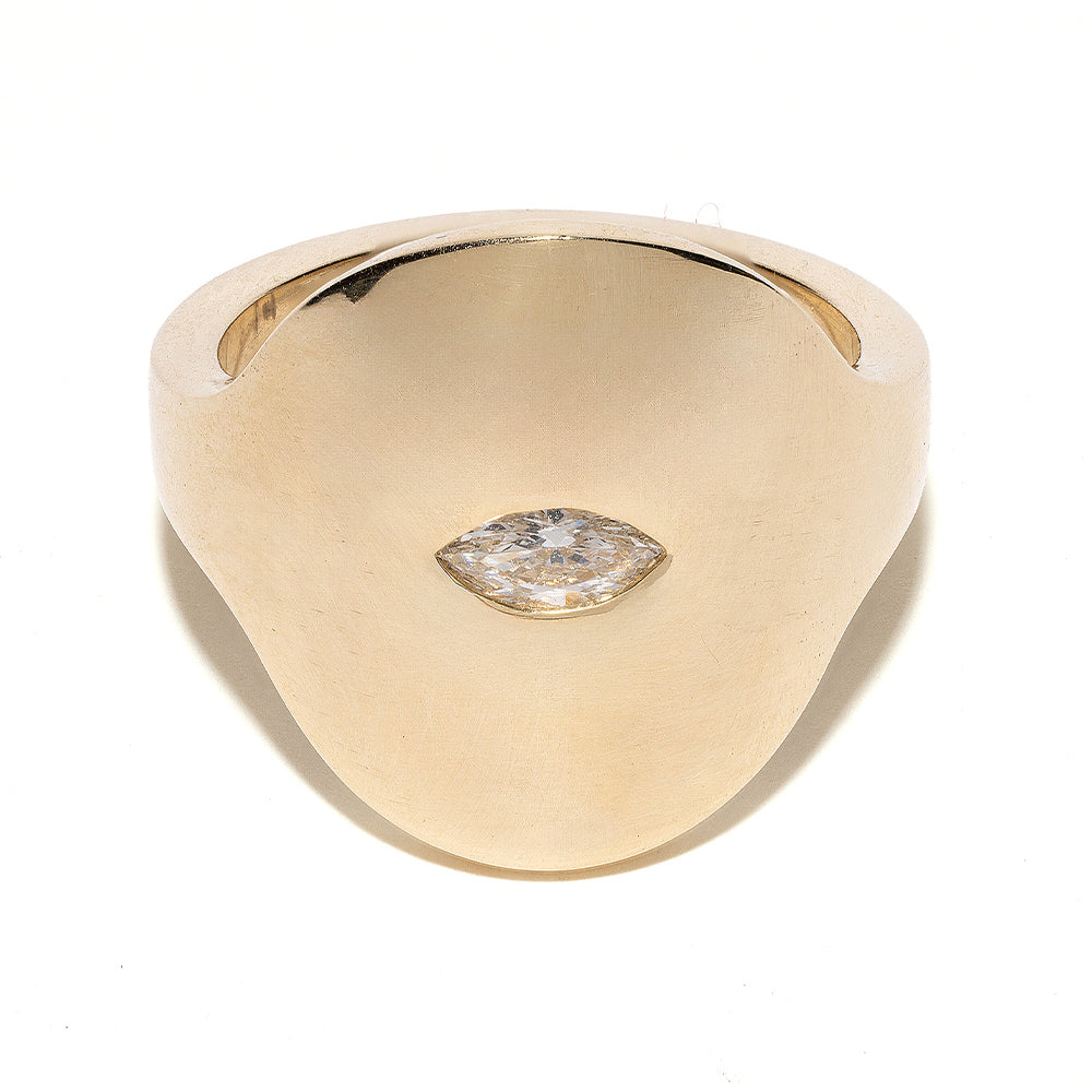 Modern Signet SR-R1-MC 14K yellow gold signet ring with shiny bezel-set marquise diamond