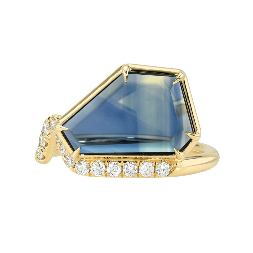 Aura by Sofia Kaman engagement ring in gold with hexagonal blue gemstone and diamond band