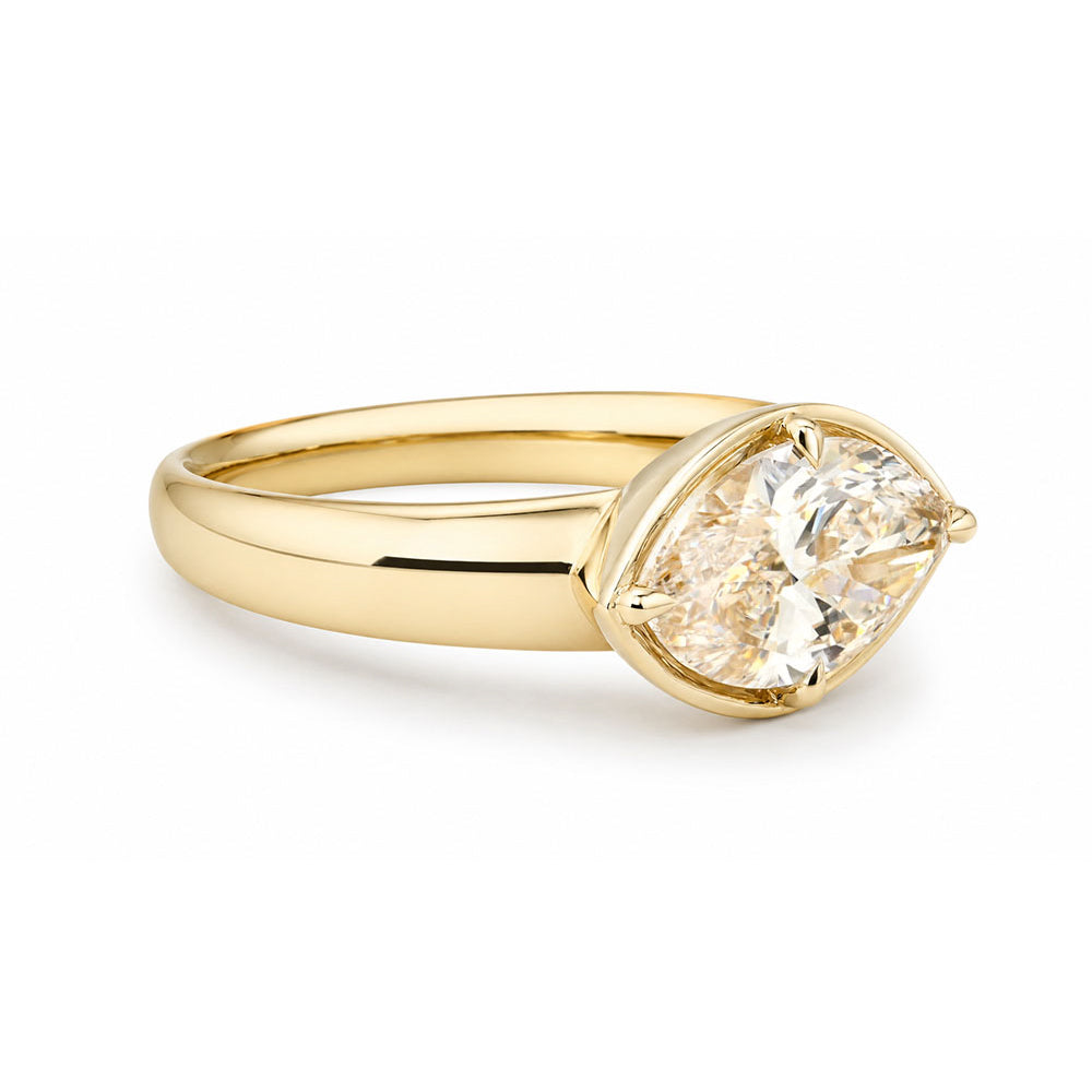 Chloe by Sofia Kaman understated unique engagement ring in yellow gold with teardrop solitaire diamond