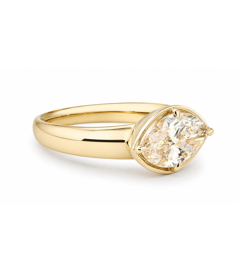 Chloe by Sofia Kaman understated unique engagement ring in yellow gold with teardrop solitaire diamond