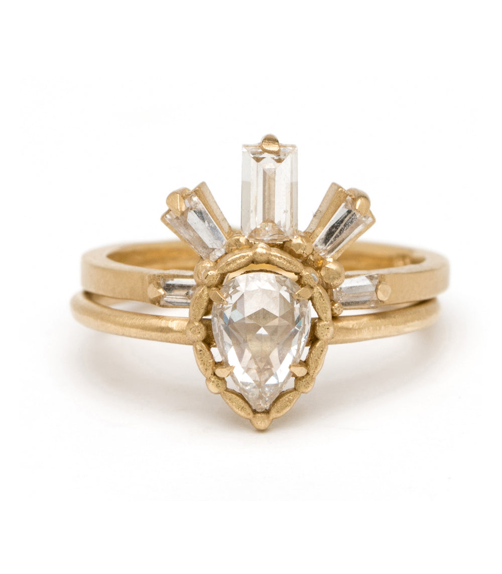 Sunrise Nesting Band by A-R23-G, 14K yellow gold engagement ring band with pear-shaped diamond centerpiece