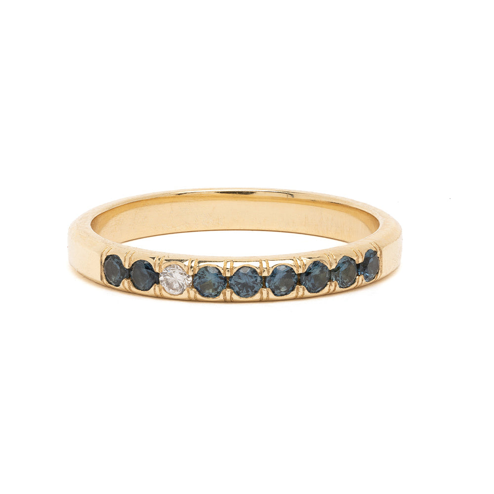Vintage Inspired Stacking Band LF-R1-TS 14K yellow gold ring with blue gemstones and one round diamond, shiny