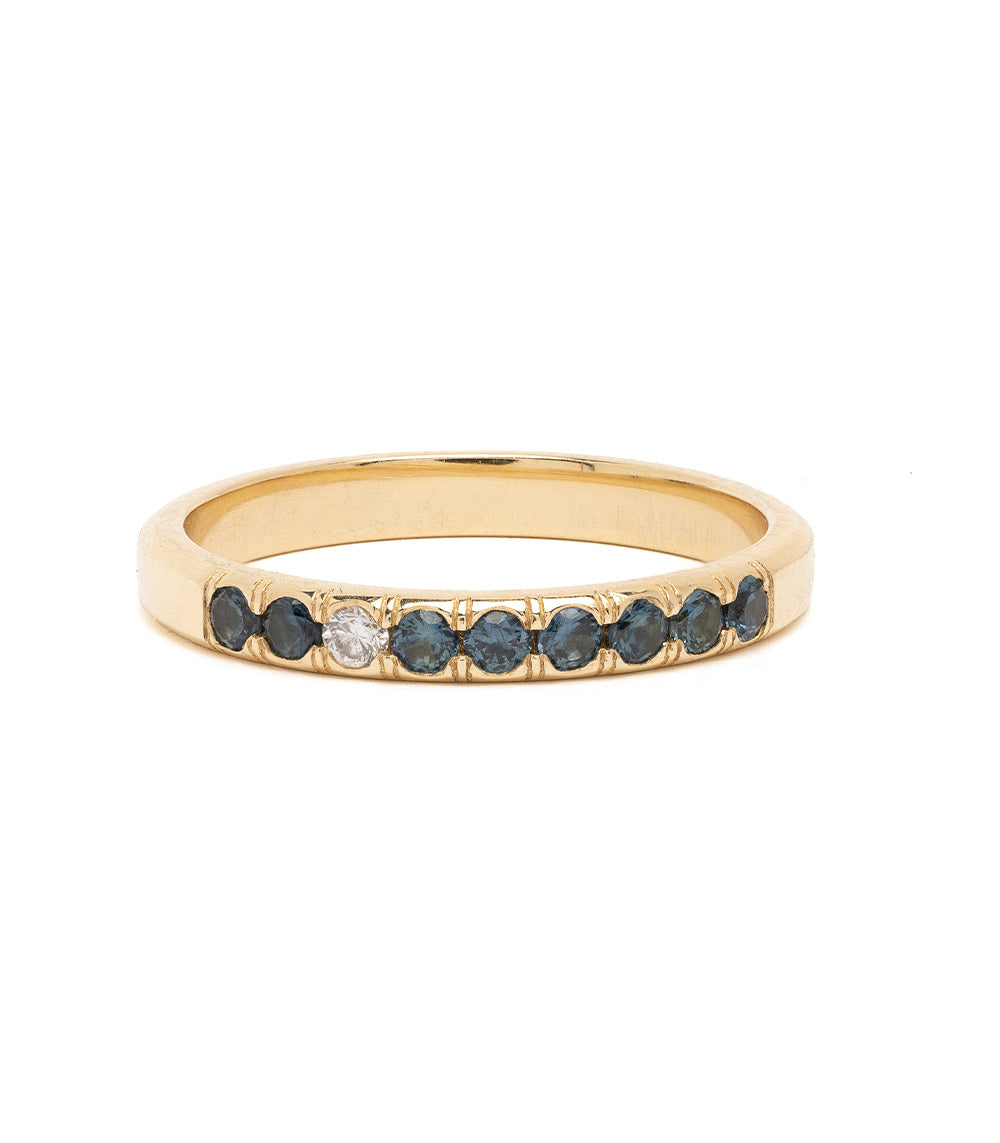 Vintage Inspired Stacking Band LF-R1-TS 14K yellow gold ring with blue gemstones and one round diamond, shiny