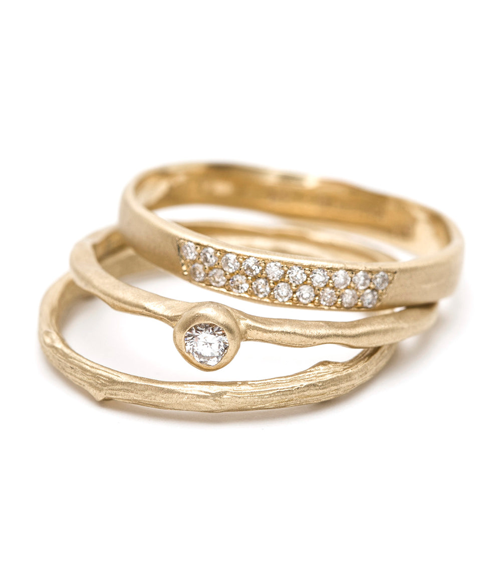 Torn Paper Band P-R1-Spot 14K yellow gold ring band with shiny hammered texture and round diamond accents