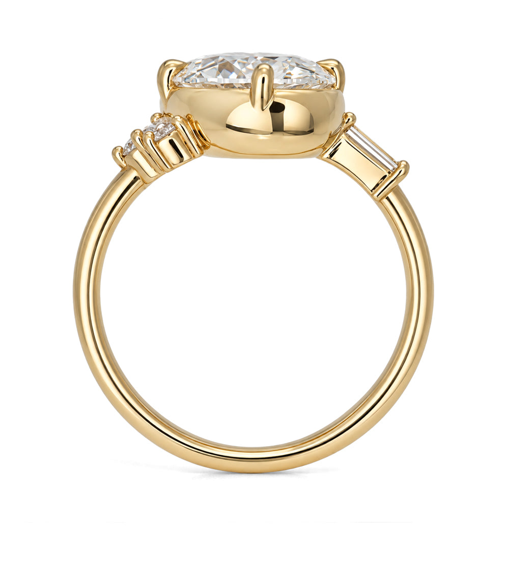 Tilted Orientation Oval Lab Grown Diamond Ring With Mixed Cut Cluster Side Diamonds On Gold Band Faux Bezel Sk R96 Lgd Oc 286 Profile